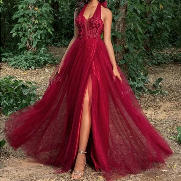 Stunning Burgundy Prom Dress with Flattering Silhouette and Daring Slit - Picture 6 of 13